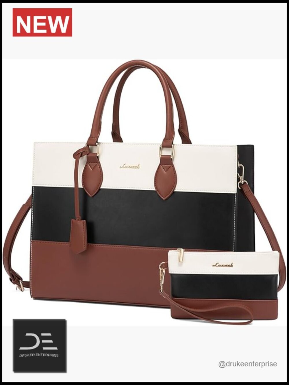 Faux Leather Laptop Tote Bag with Detachable Clutch Purse
